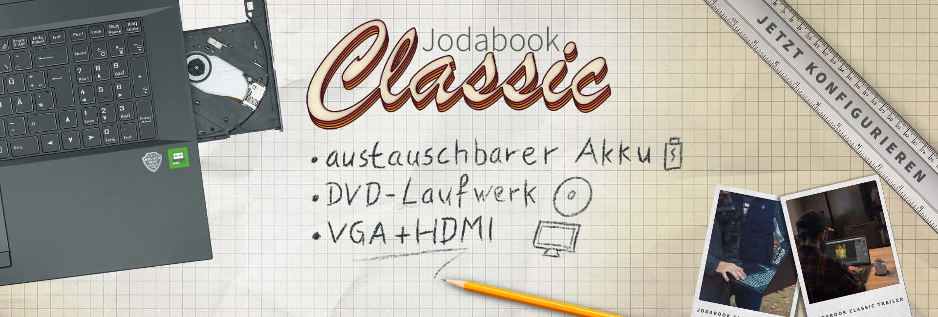 JodaBook Classic mit austauschbarem Akku, DVD Laufwerk und VGA und HDMI Anschluss