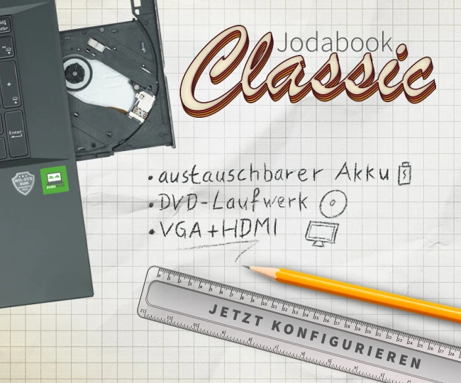JodaBook Classic mit austauschbarem Akku, DVD Laufwerk und VGA und HDMI Anschluss